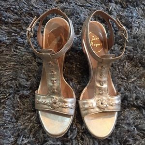 Jack Rogers Wedge in Gold with Wicker Heel.